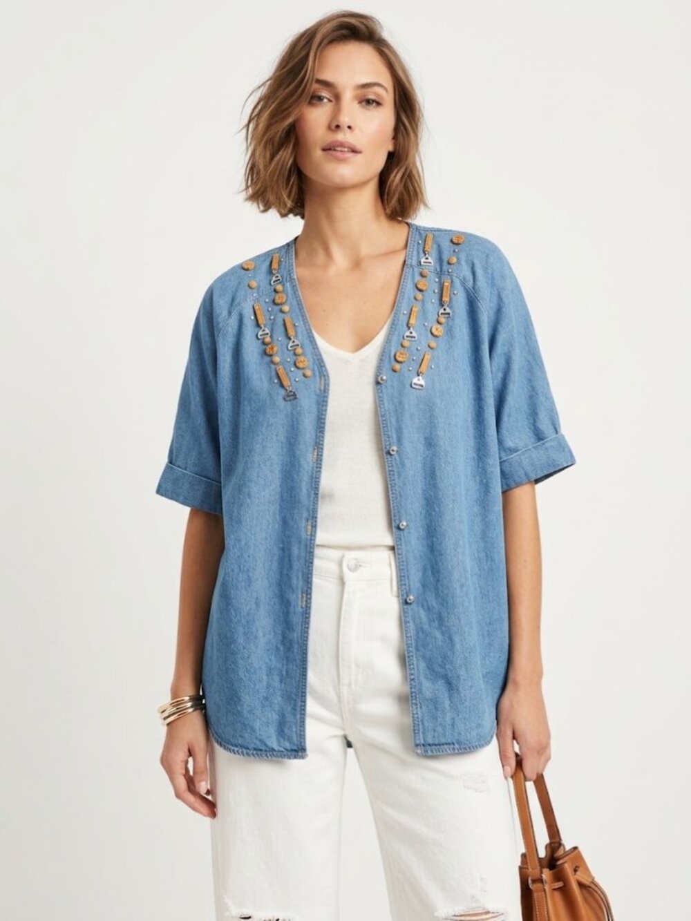 Bingo Bingo Blouse Women Medium Denim Embellished Button Up V Neck Vintage